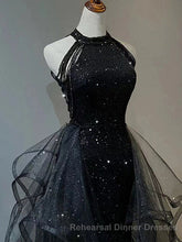 Black Long Mermaid Halter Sequined Tulle Semi Formal Prom Dresses